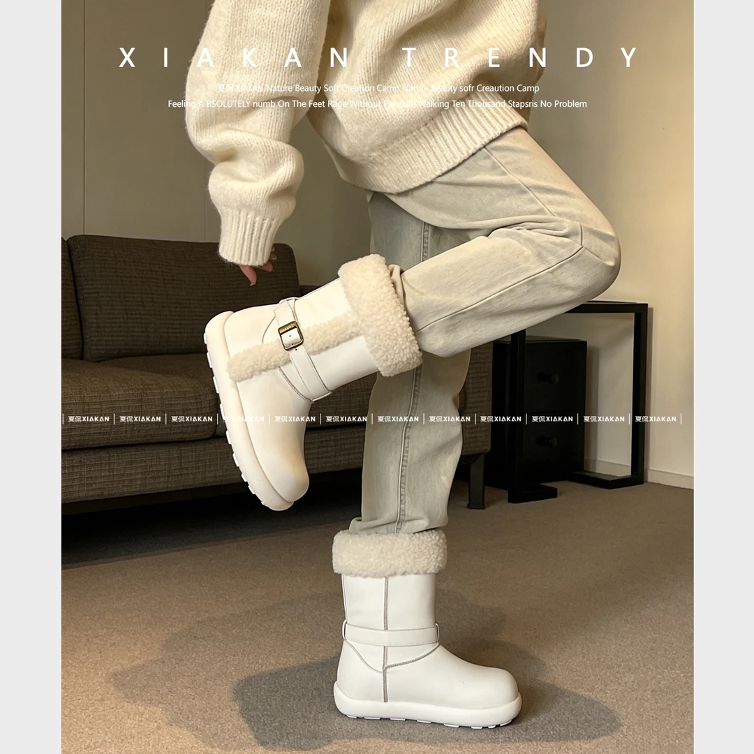 夏侃XIAKAN 增高6cm毛毛时尚雪地靴一脚蹬女款加绒保暖高筒百搭