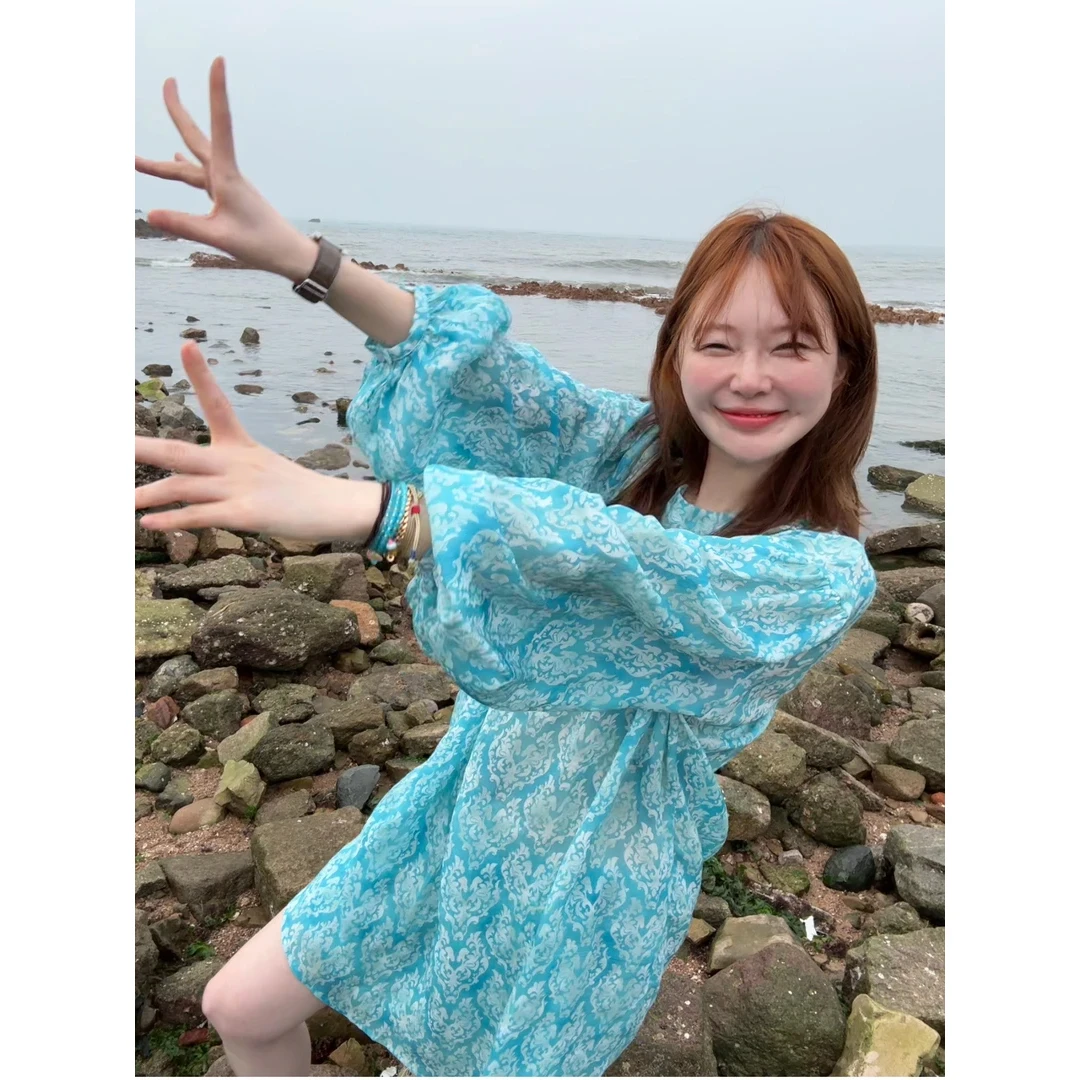 【BORAKOO】冰薄荷度假风轻薄图腾花后背抽绳娃娃衫＋短裤B