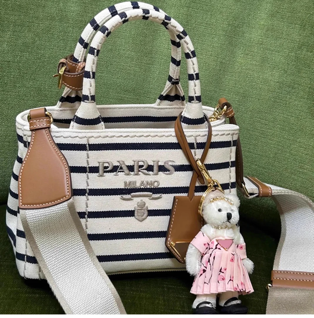 网红同款时尚百搭条纹帆布手提包休闲25年新款通勤单肩斜挎包