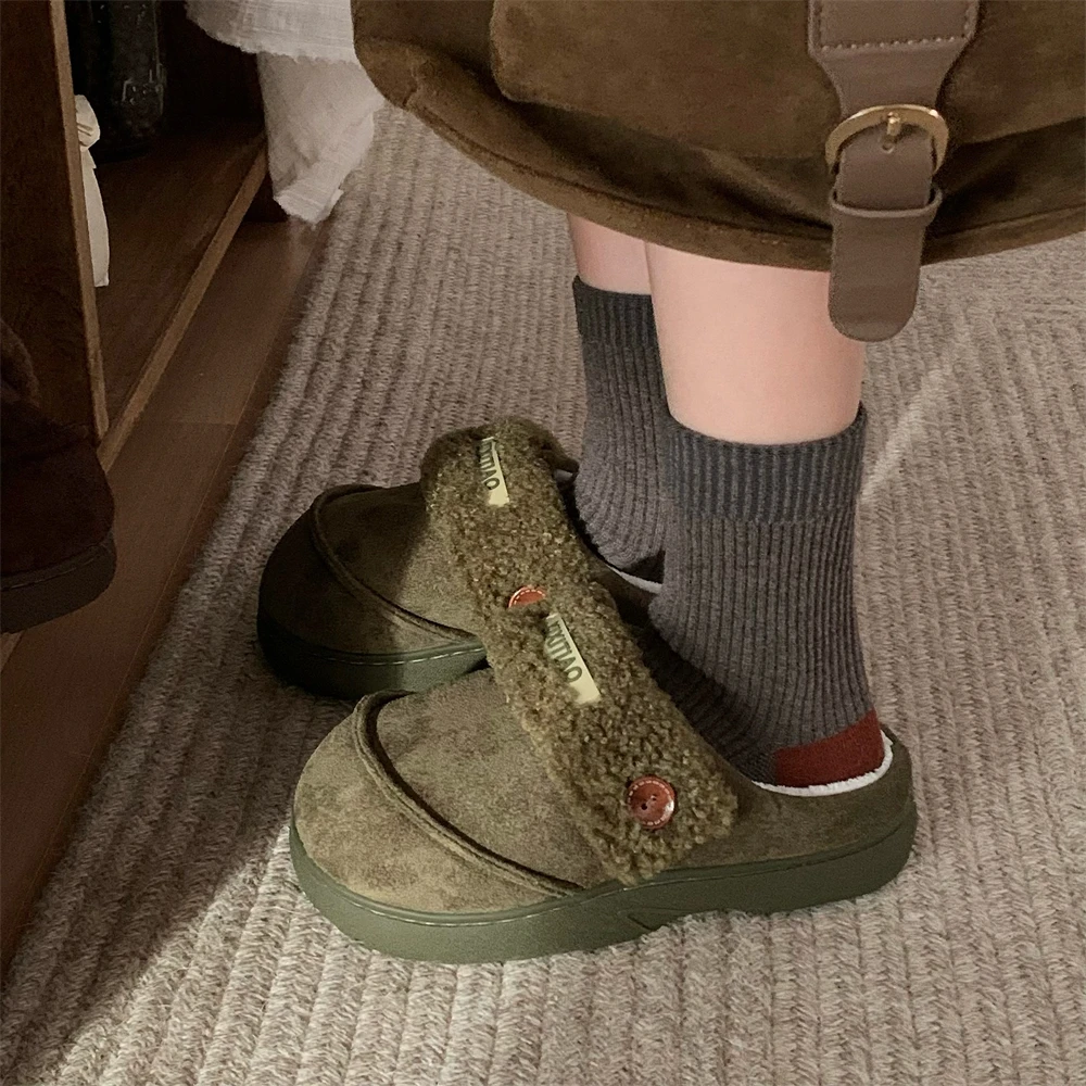 细细条 复古加绒棉鞋ins懒人外穿百搭冬季保暖防滑一脚蹬棉拖鞋女