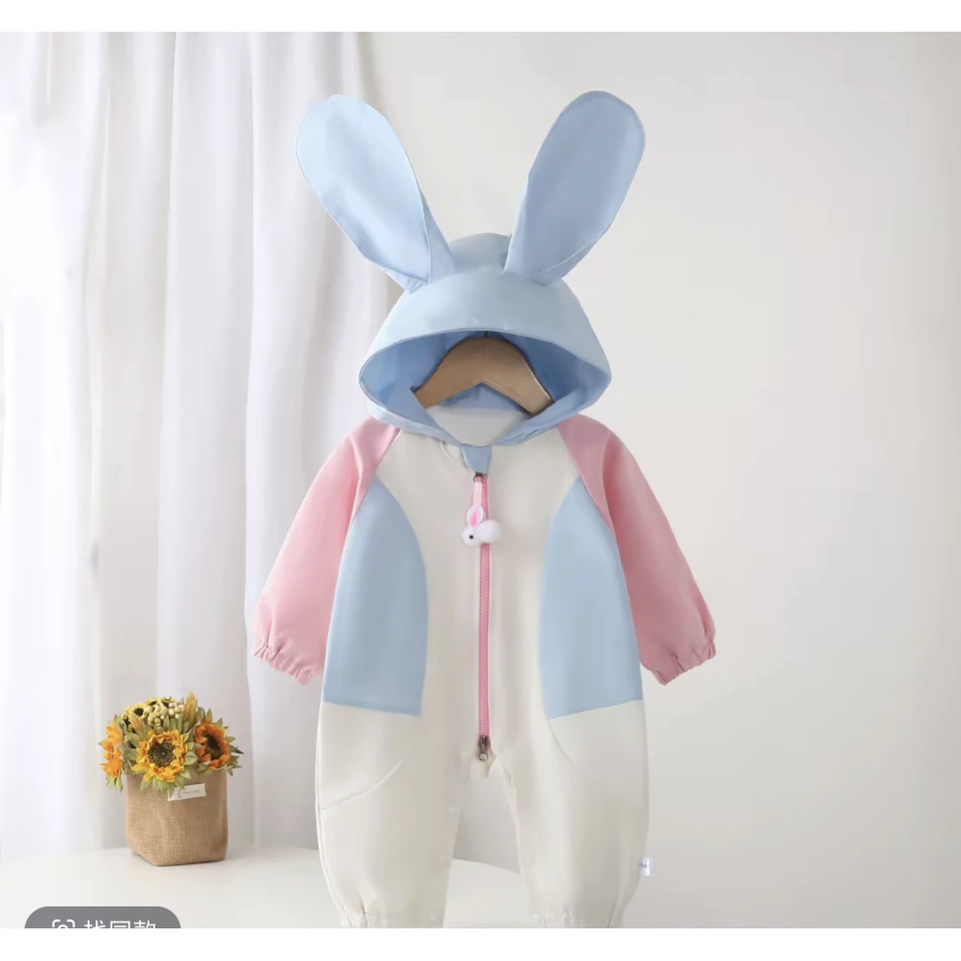 新款春秋装宝宝连体衣婴幼儿外出服小月龄兔耳帽拼色插肩带里哈衣
