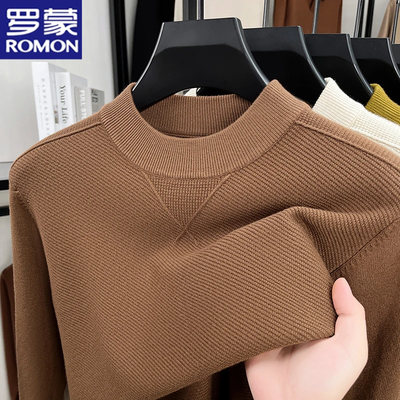 罗蒙2025男士秋季新款时尚休闲宽松纯色提花针织衫半高领长袖毛衣
