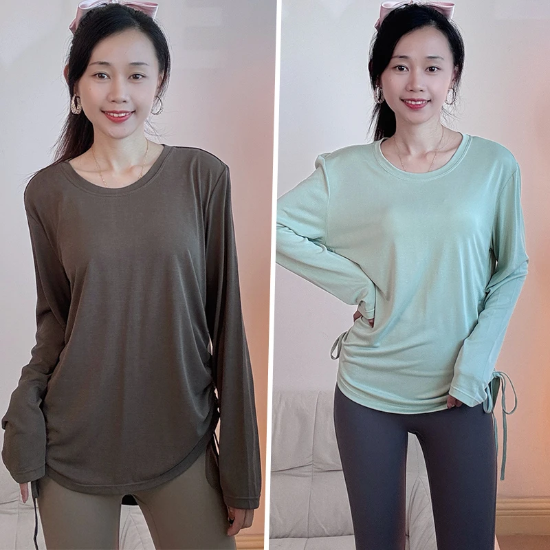 晨跑步宽松瑜伽服新款长袖女抽绳显瘦健身上衣速干专业训练运动服