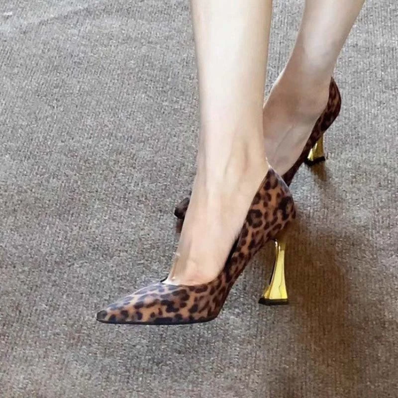 【红姐】复古时尚马蹄金跟豹纹浅口单鞋女尖头8CM高跟鞋AL28854