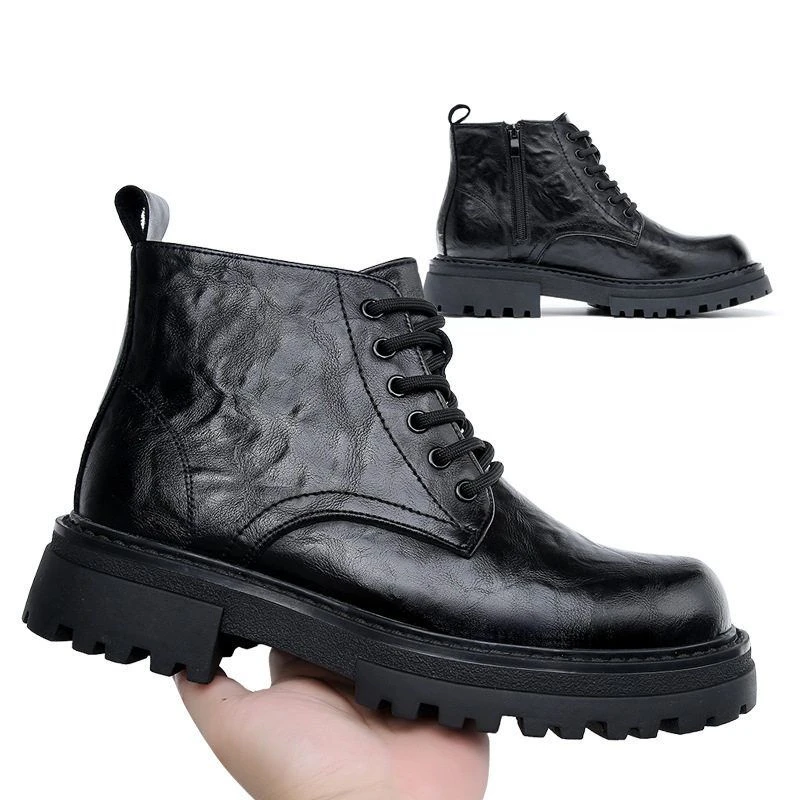 马丁靴男2024新款加棉皮靴薄款英伦风中帮厚底内增高机车黑色短