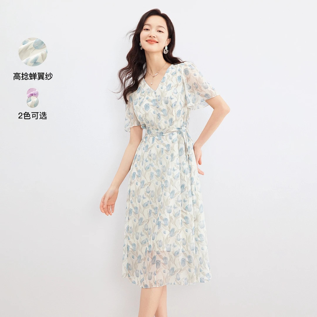 【籽言甄选】夏通勤茶歇印花优雅气质独特设计感连衣裙裙子女
