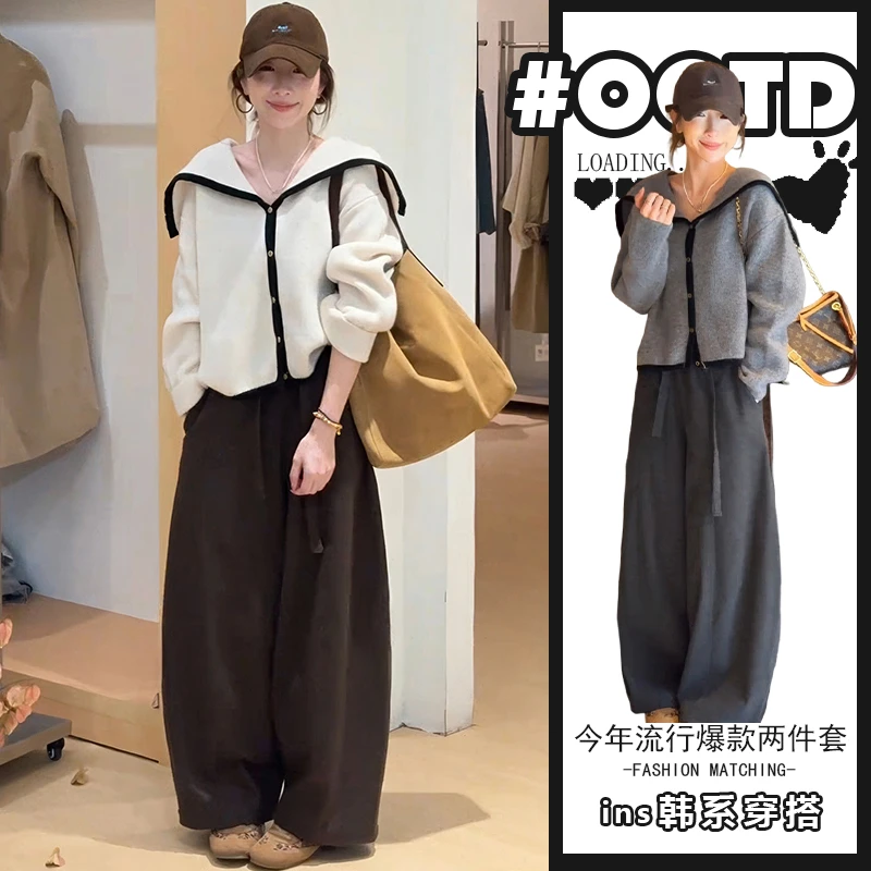 减龄遮肉套装女春秋季韩系高级感撞色海军领上衣宽松休闲裤两件套