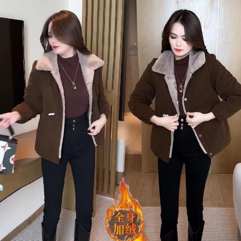 女士毛呢外套加绒保暖冬季新款时尚减龄灯芯绒短款小个子上衣