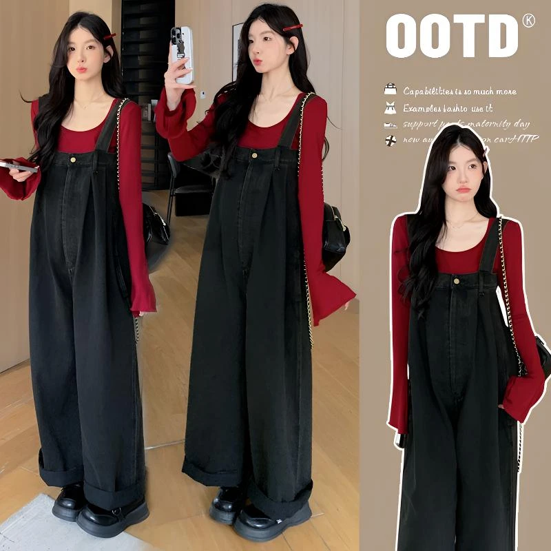 孕妇装春装2025新款时尚牛仔背带裤套装宽松休闲显瘦春秋季两件套