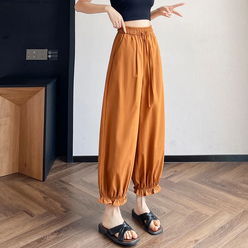 2025新款夏季薄款冰丝木耳边灯笼裤女阔腿哈伦气球裤九分裤子休闲