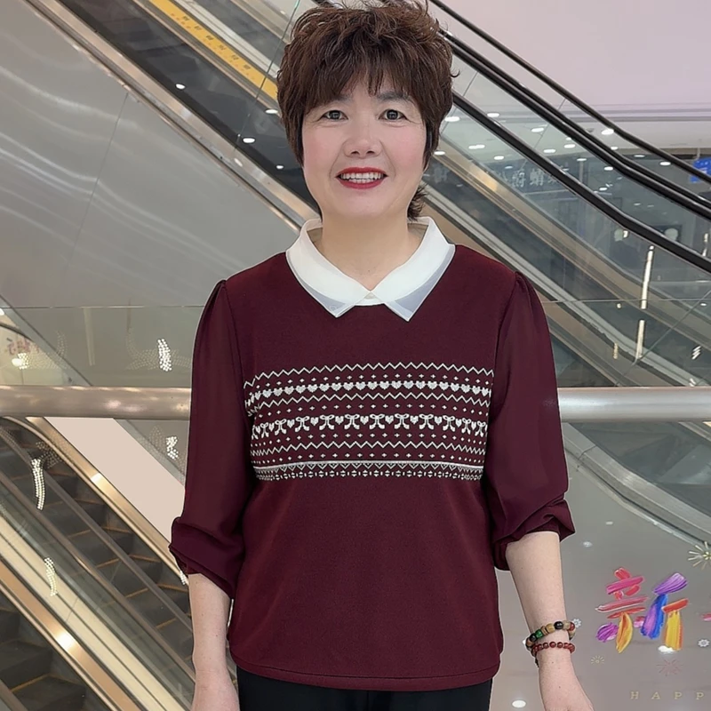 T2502 春季中老年洋气妈妈装休闲简约拼接宽松翻领百搭长袖上衣