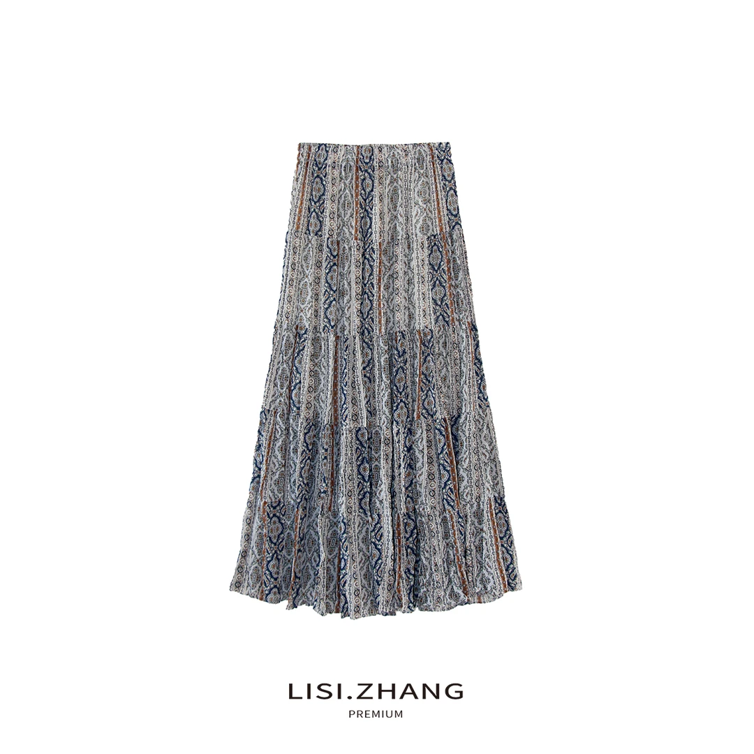 LISI.ZHANG--【波西米亚半裙】时尚压皱滑腻清爽A字高腰半身裙
