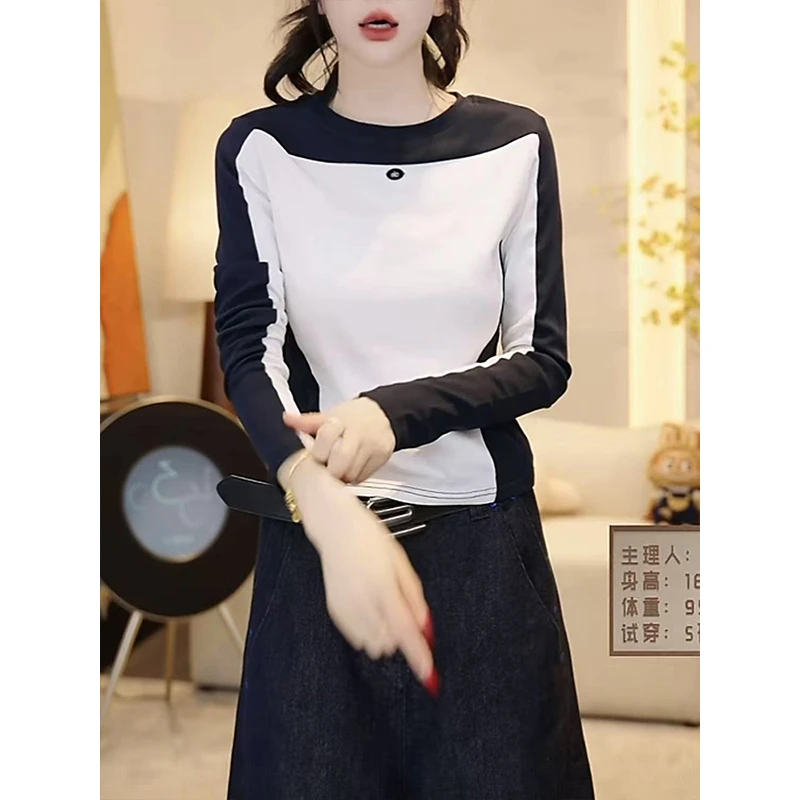 设计感拼色长袖T恤女2025春秋新款韩版小众修身显瘦正肩打底上衣