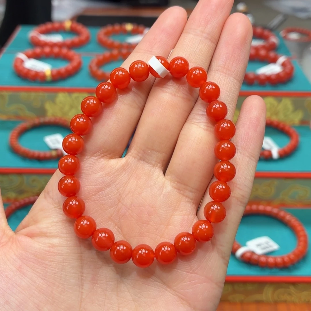 南红玛瑙未镶嵌手串保山原矿南红三眼井柿子红7+