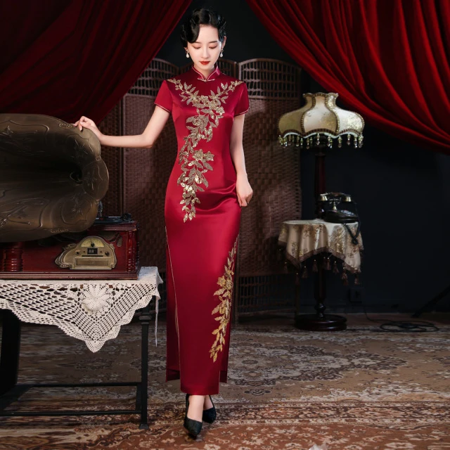 醋酸缎旗袍裙夏长款新娘婚礼婚宴妈妈装喜婆婆中式气质高级感礼服