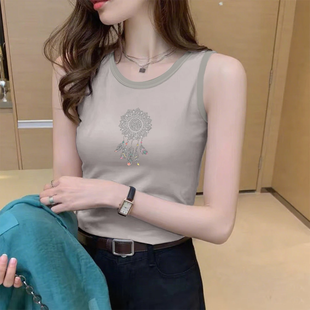 100%纯棉背心女士外穿休闲时尚吊带百搭夏季新款韩版无袖印花上衣