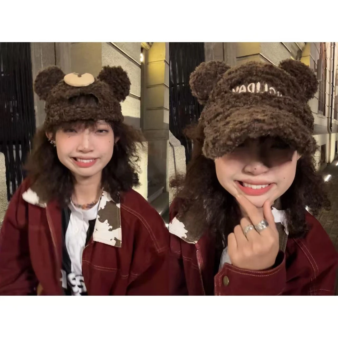 E%亿 猫耳 ins针织刺绣 可大头围高弹力 加厚帽子秋冬包头冷帽