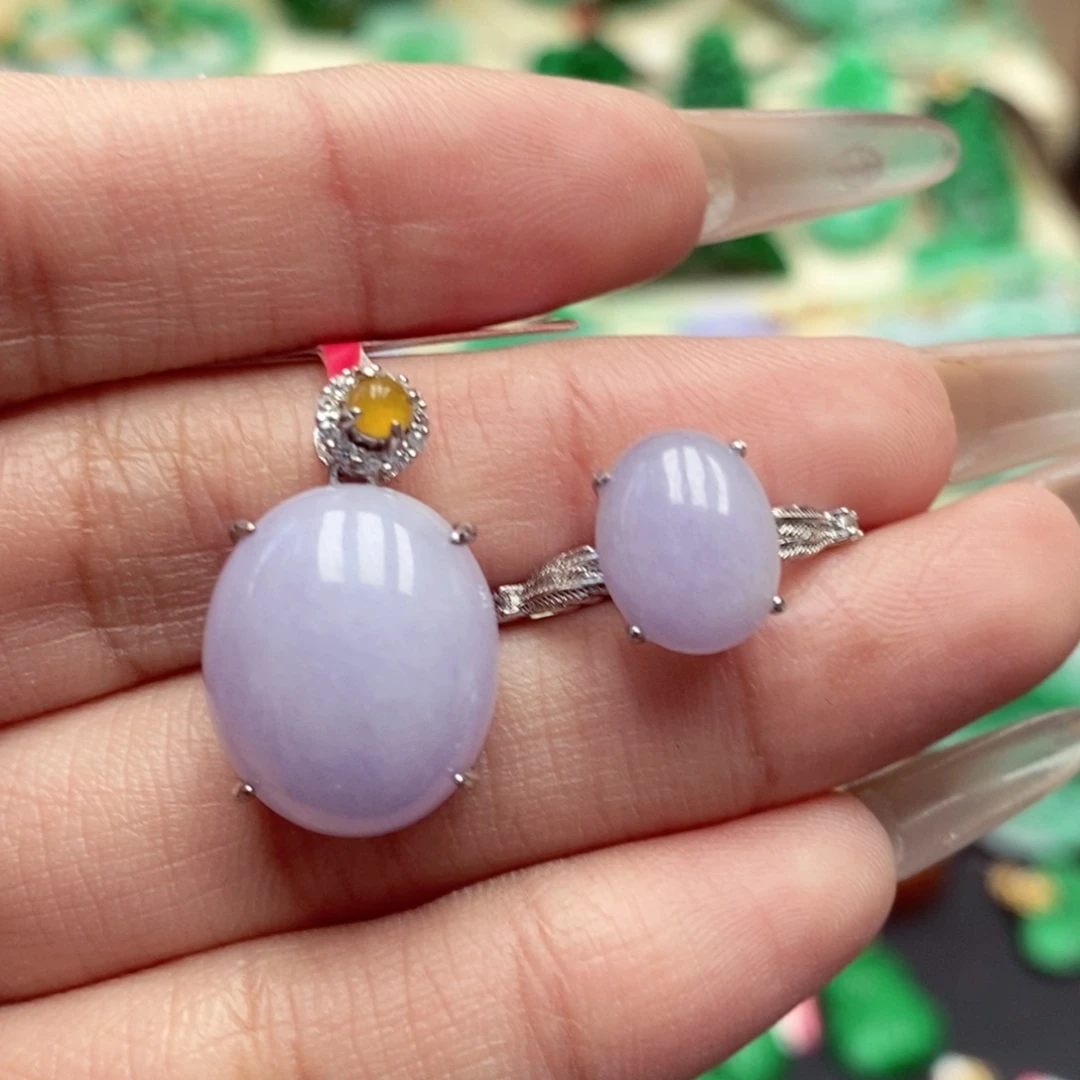 颈饰银S925镶嵌翡翠翡翠吊坠戒指套装