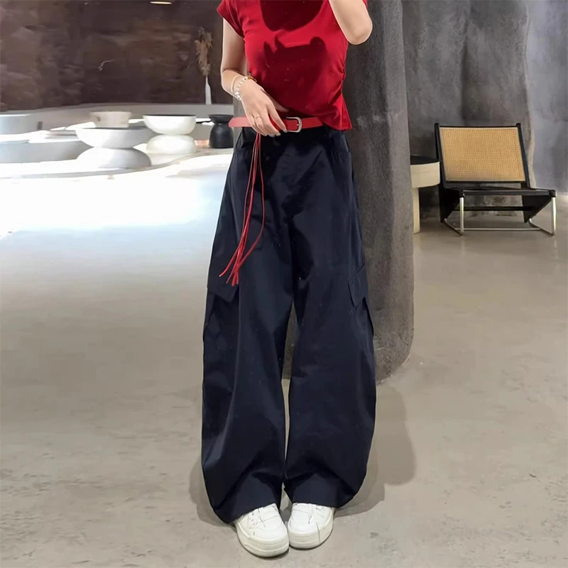 藏青色美式弯刀工装裤女夏季薄款2025新款宽松显瘦休闲垂感阔腿裤