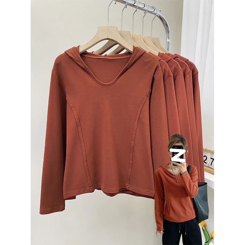 大码胖mm200斤极简风显瘦正肩连帽衫女秋百搭洋气遮肉显瘦长袖t恤