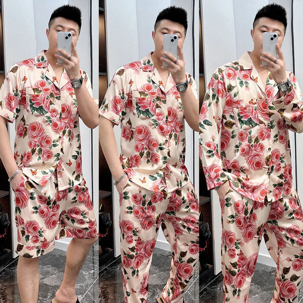 男士睡衣大码冰丝玫瑰花图案短袖夏季套装薄款丝滑可外穿家居服潮
