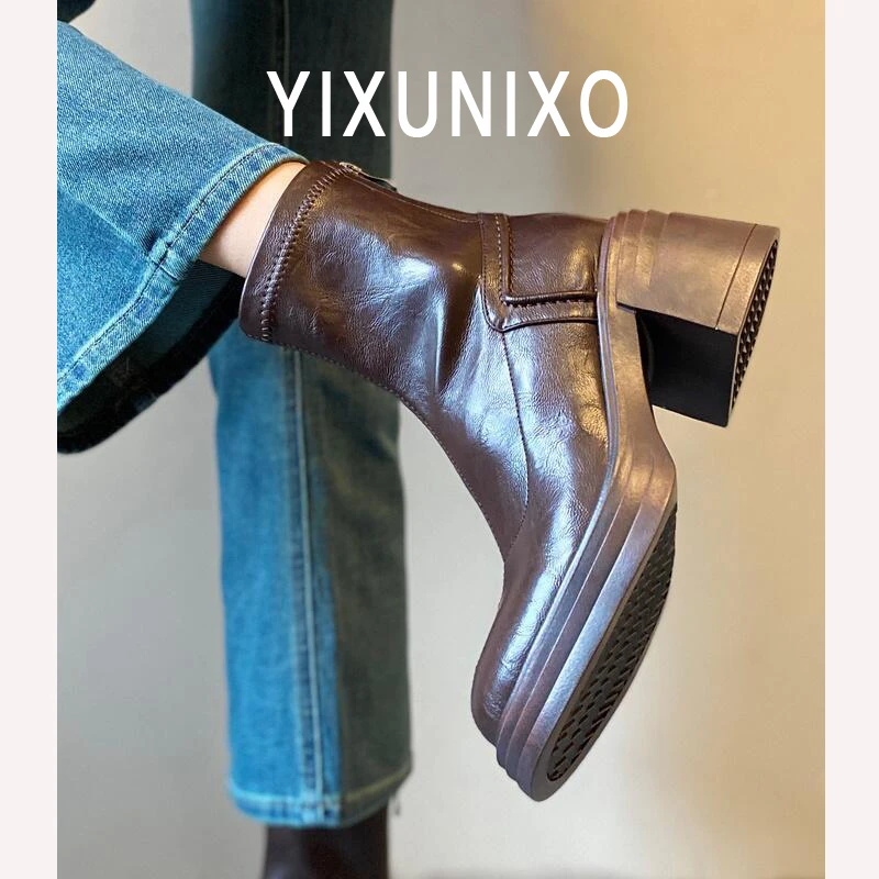 牛皮版~复古显瘦厚底马丁靴女简约时尚百搭后拉链粗跟瘦瘦靴短靴