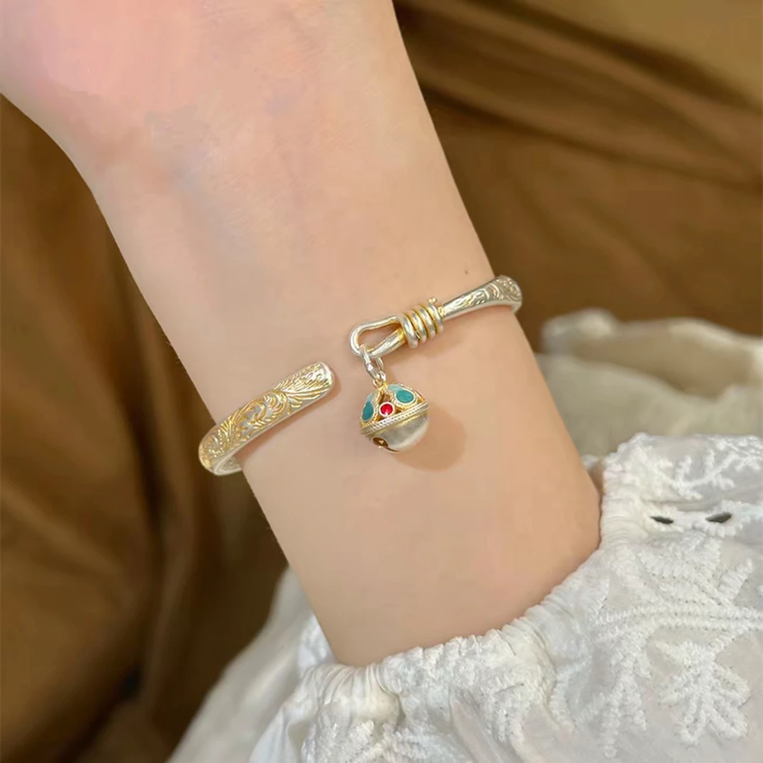 足银手镯 描金足银手镯足银999.9唐草纹腻描金国风银手镯古风时尚