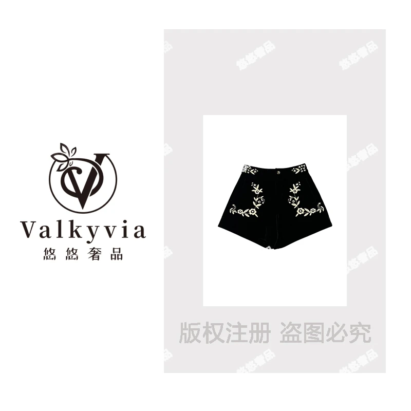 【Valkyvia/悠悠奢品】新中式黑色时髦印花时尚百搭短裤女DMJ407
