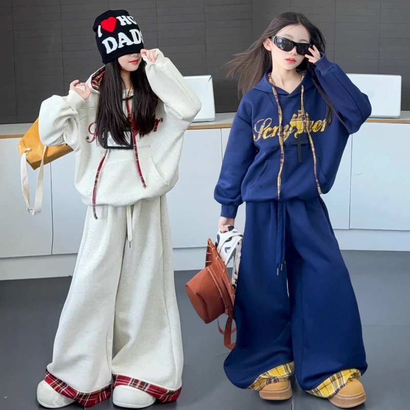 女童格子卫衣套装春秋新款女孩卫裤两件套韩版休闲运动童装秋装