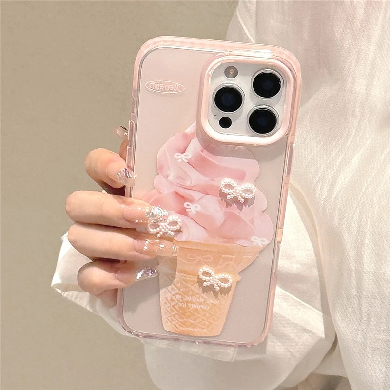 粉色蝴蝶结冰淇淋适用苹果16手机壳iphone15promax透明14全包13女