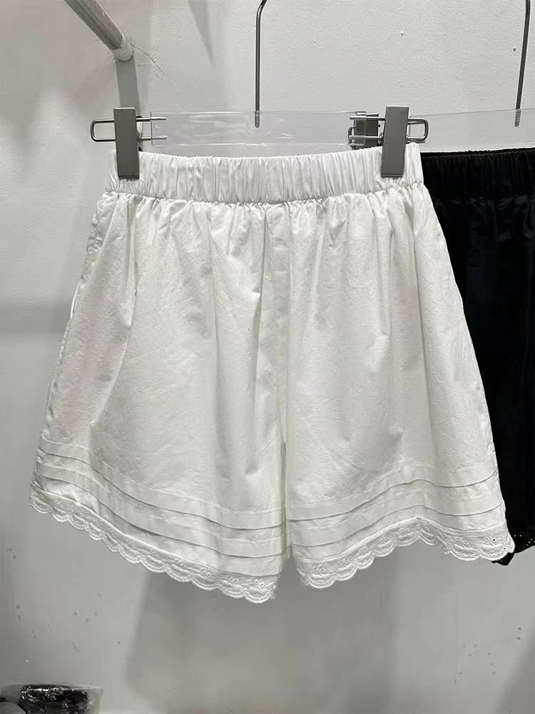 白色蕾丝花边拼接阔腿休闲短裤女夏季宽松高腰韩版百搭运动热裤潮