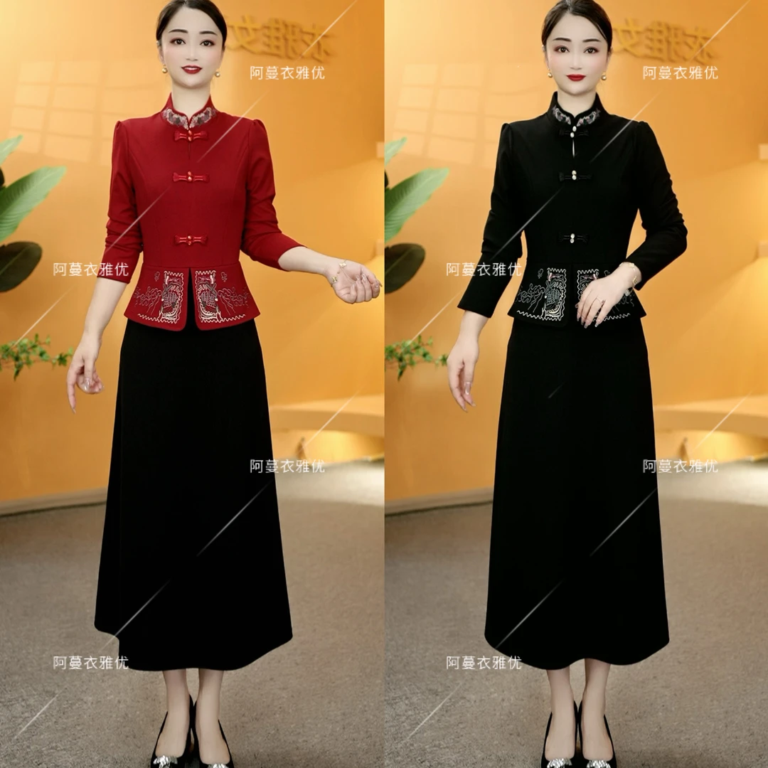【衣雅严选】8082-2228#原版重工刺绣罗马锦棉假两件长袖连衣裙