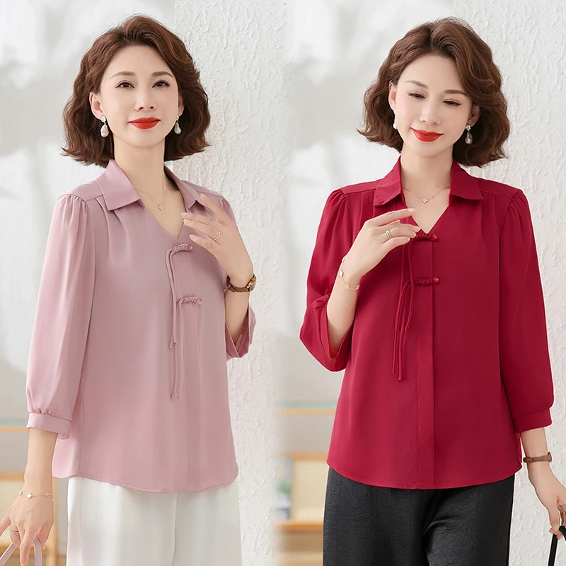 时尚妈妈春夏翻领减龄衬衣百搭中年女洋气上衣中袖宽松小衫显瘦女