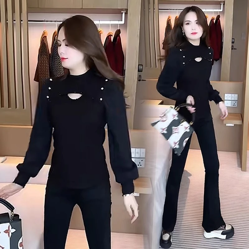 黑色针织打底衫女装秋冬季2024新款时尚洋气减龄修身长袖镂空上衣