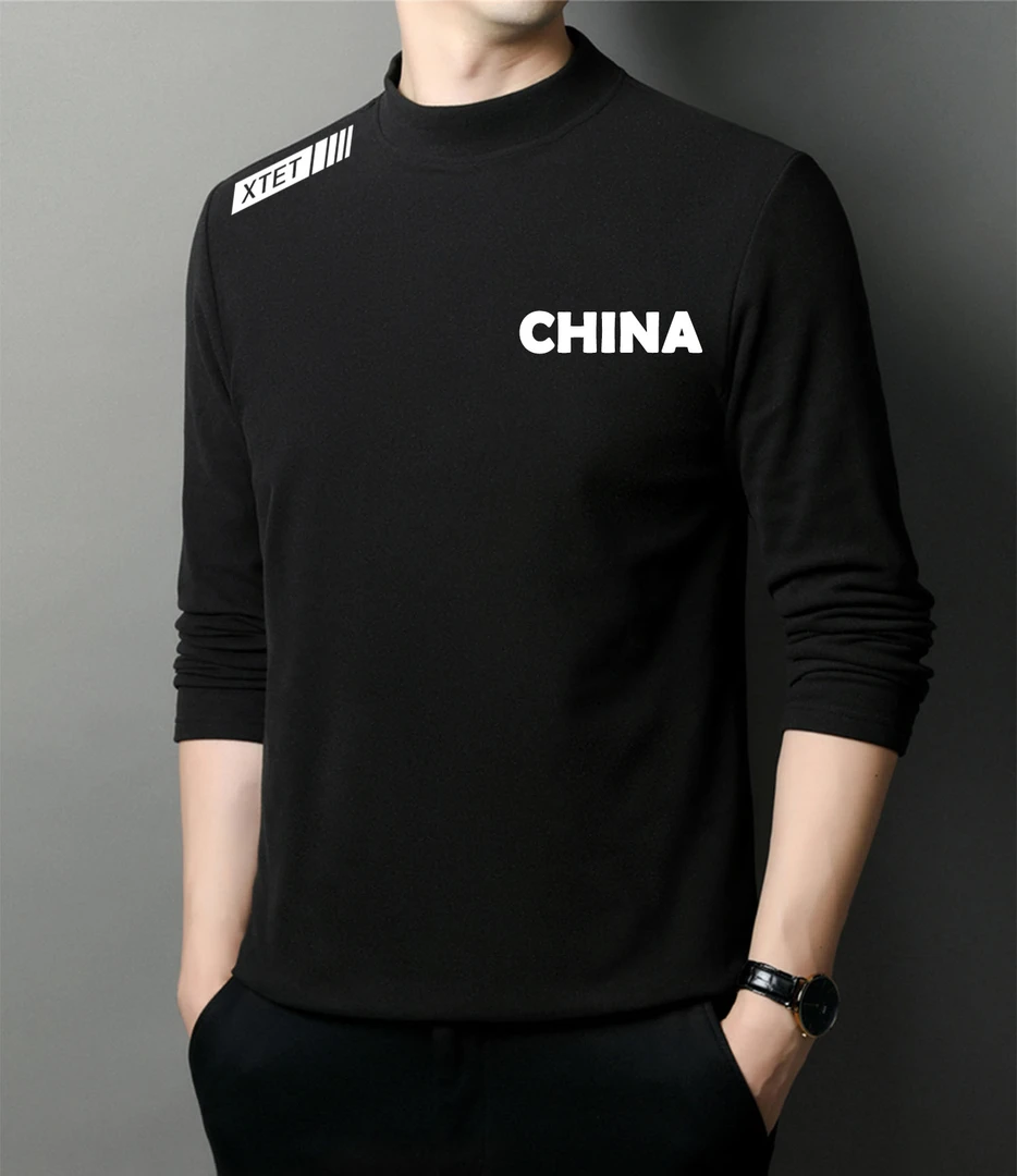 德绒半高领打底衫男长袖加厚t恤秋冬季加绒字母印花保暖百搭上衣