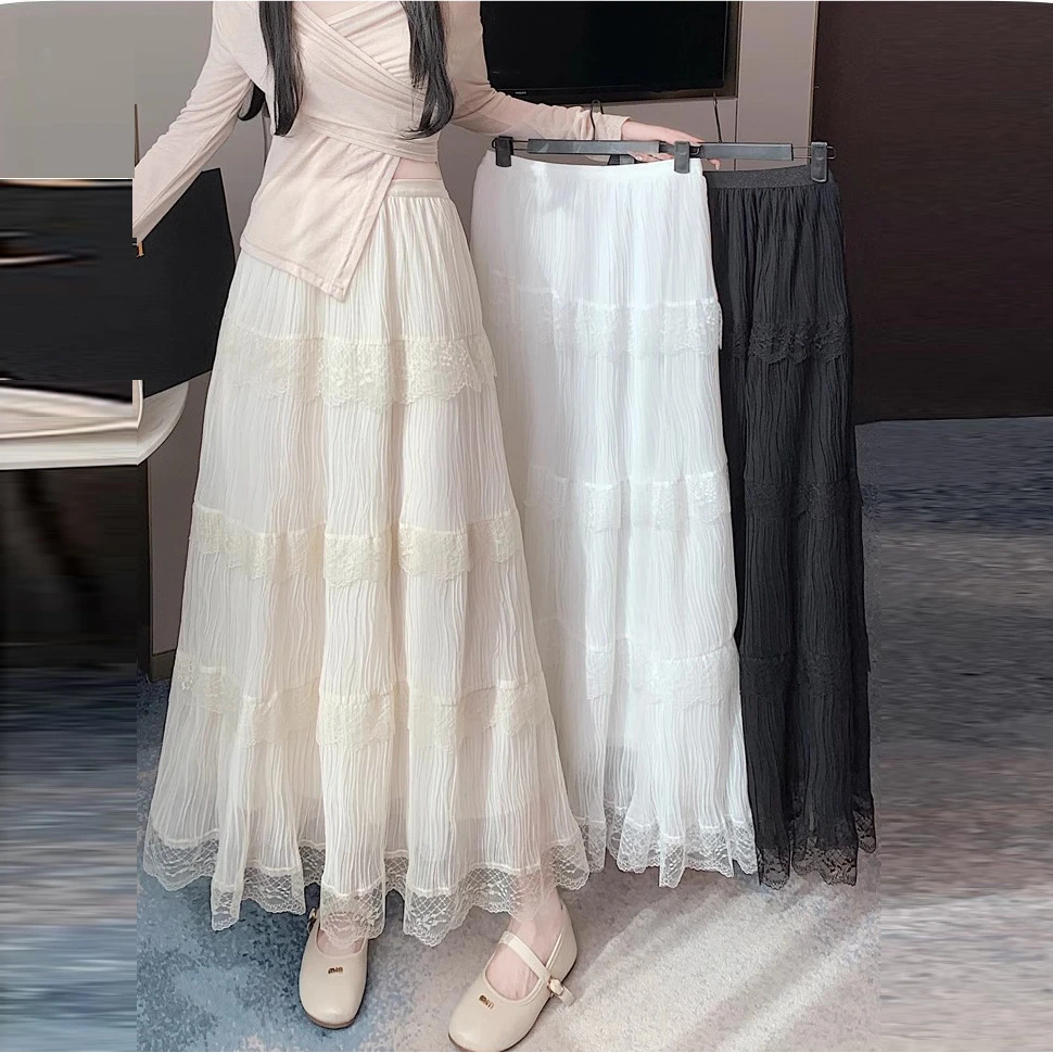 蕾丝拼接半身裙女2025新款垂感超仙森系中长款大摆A字蛋糕裙8968#