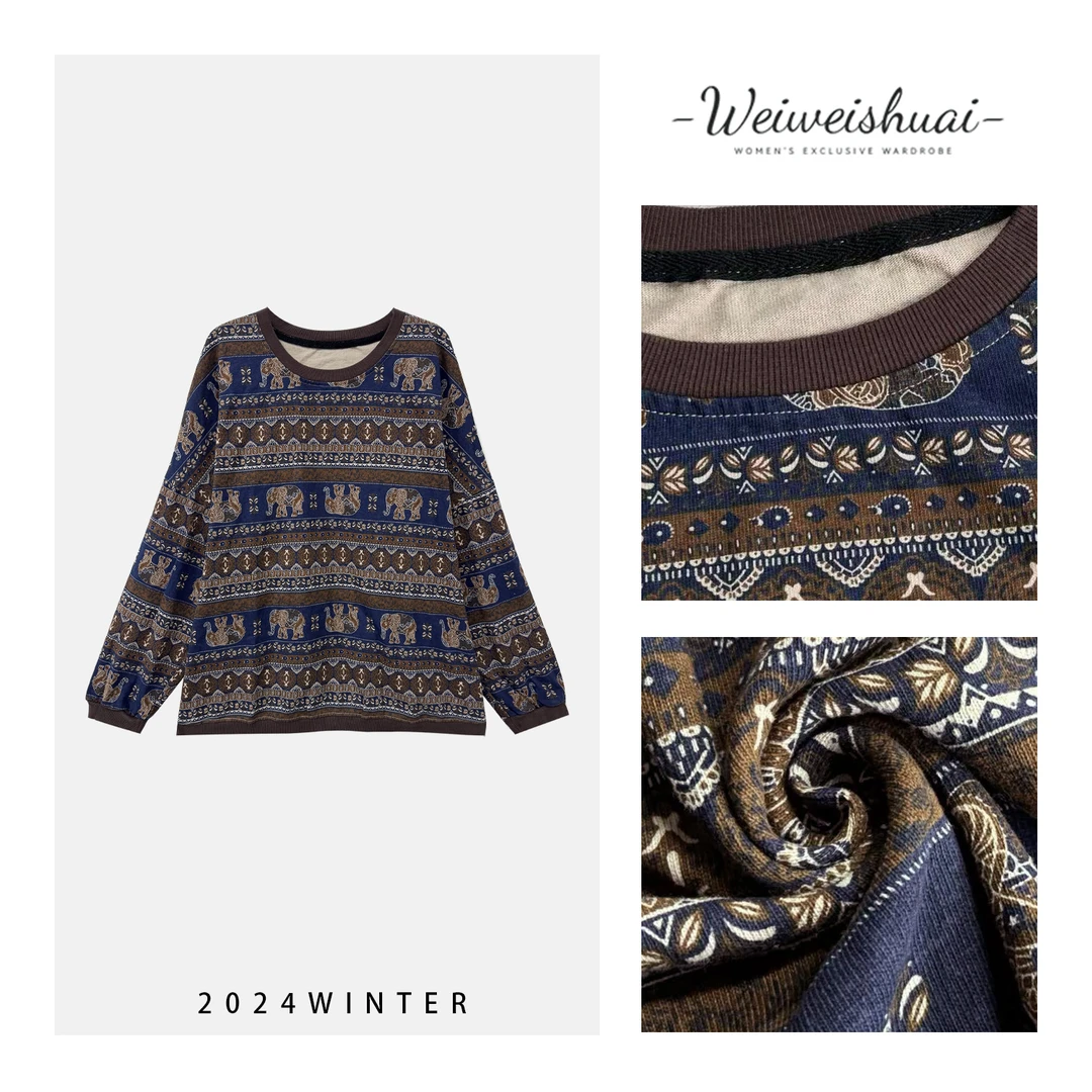 【广州薇姐】秋季复古百搭时尚圆领宽松印花女士休闲长袖T恤2200