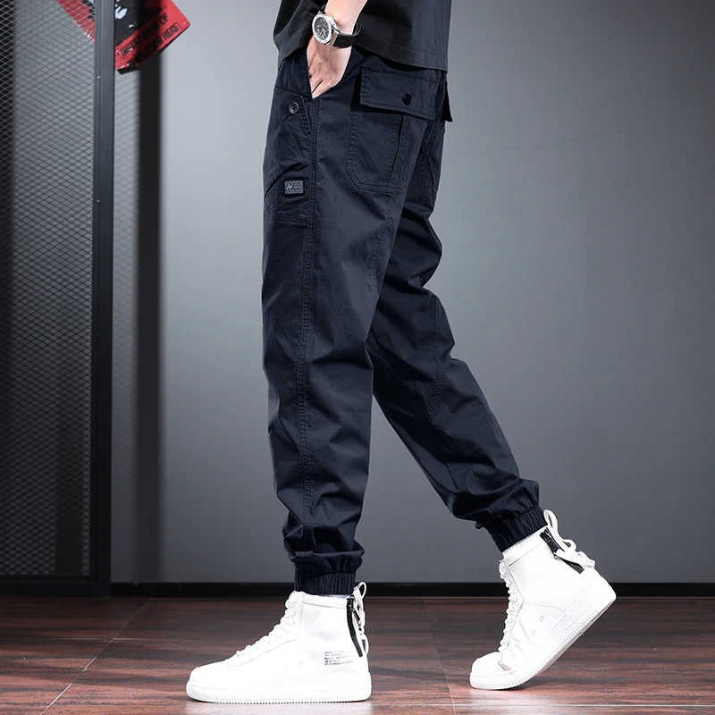 藏蓝色休闲裤男2025新款宽松显瘦抽绳束脚裤秋季透气美式工装裤潮