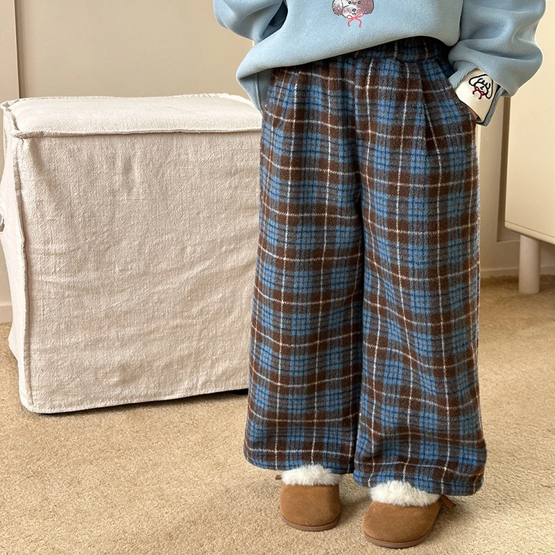 【现货已开价】女童韩版双层保暖加厚毛呢蓝格子休闲直筒裤24B022