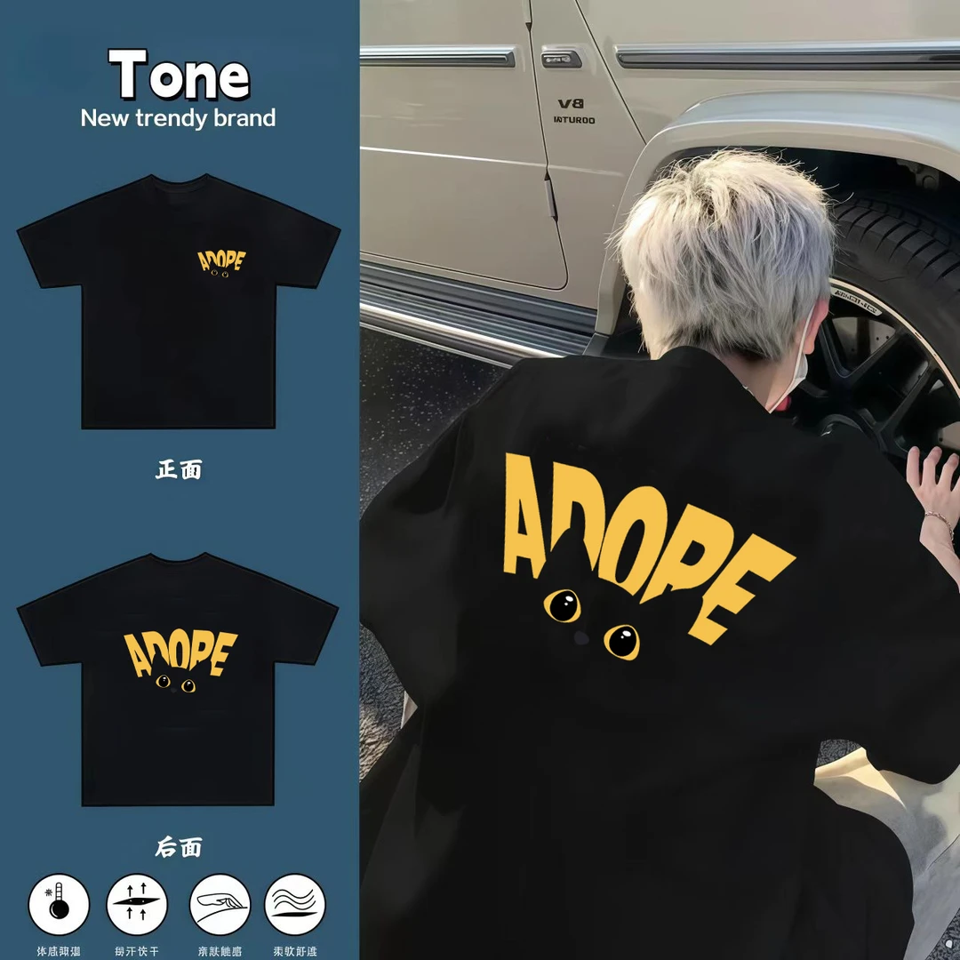 夏季新款纯棉高街潮牌痞帅小众印花ins男女情侣小领口百搭短袖t恤