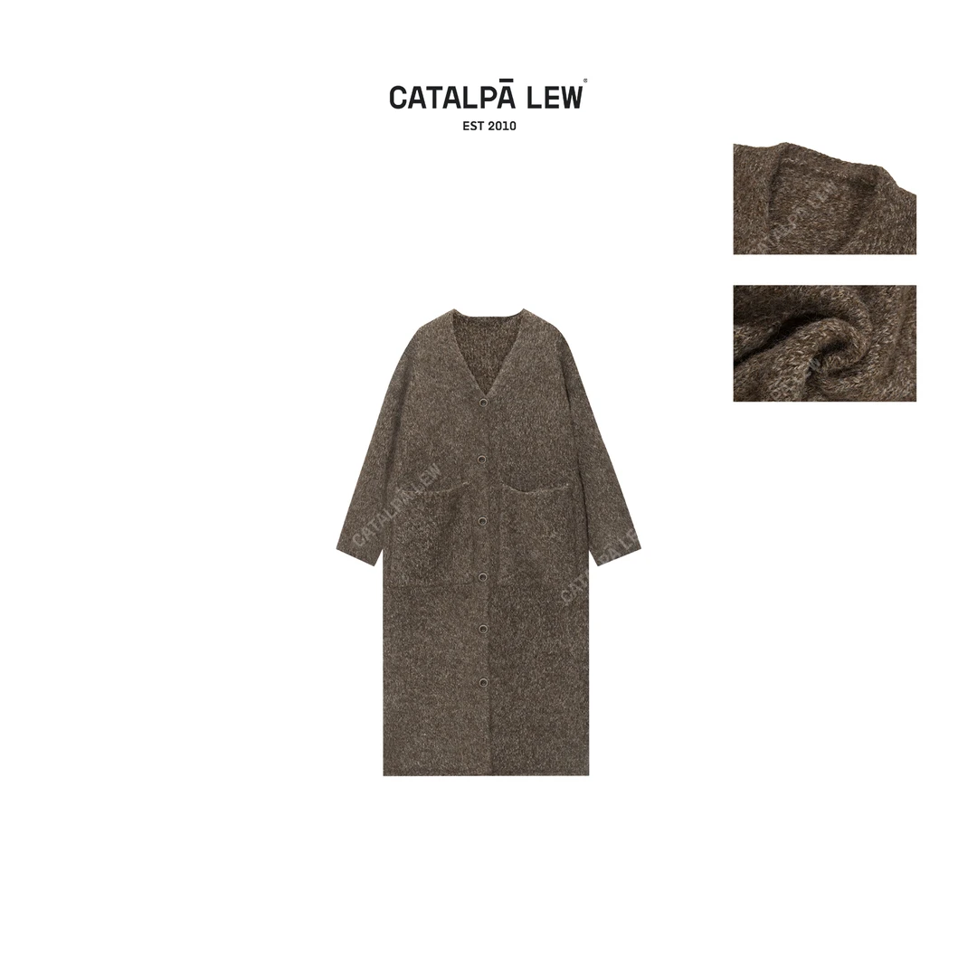 CatalpaLew「冬笙」墟生美学绵羊毛亮丝花纱毛织长外套#C53196