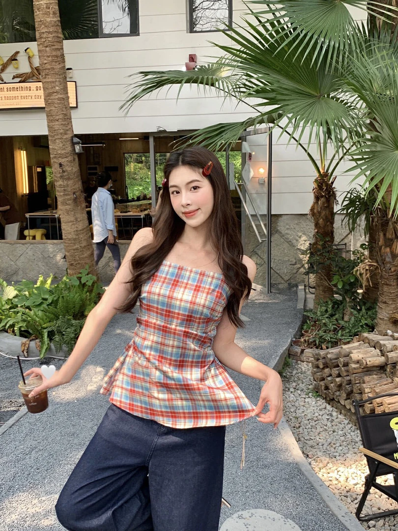 法式辣妹设计感红色格纹气质显瘦小众褶皱收腰无袖吊带背心