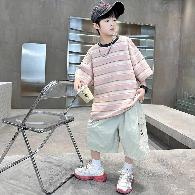 男童夏装条纹短袖套装2025新款儿童韩版工装两件套男孩宽松休闲潮