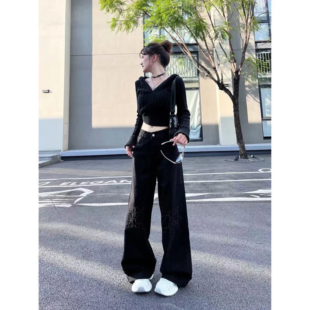 秋季设计感黑色刺绣休闲裤百搭性感时尚透气直筒阔腿裤-K3331