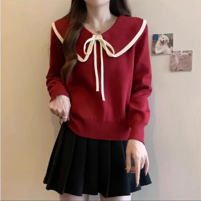 9087#大码女装毛衣女秋冬2024新款设计感娃娃领蝴蝶结宽松针织衫