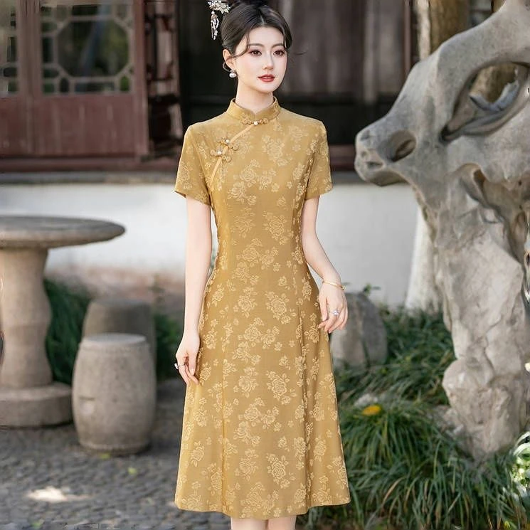 送考黄色旗袍女中长款新款短袖显瘦复古中国风年轻妈妈旗袍连衣裙