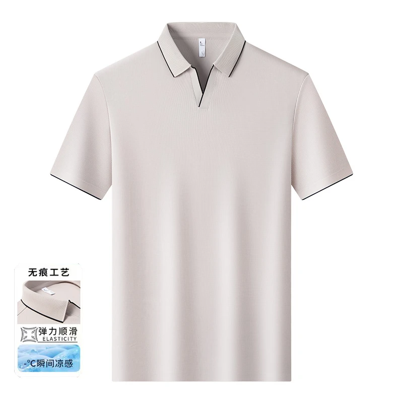 新款海鸥领  高档冰丝男款夏季针织商务休闲常规翻领T恤透气短袖