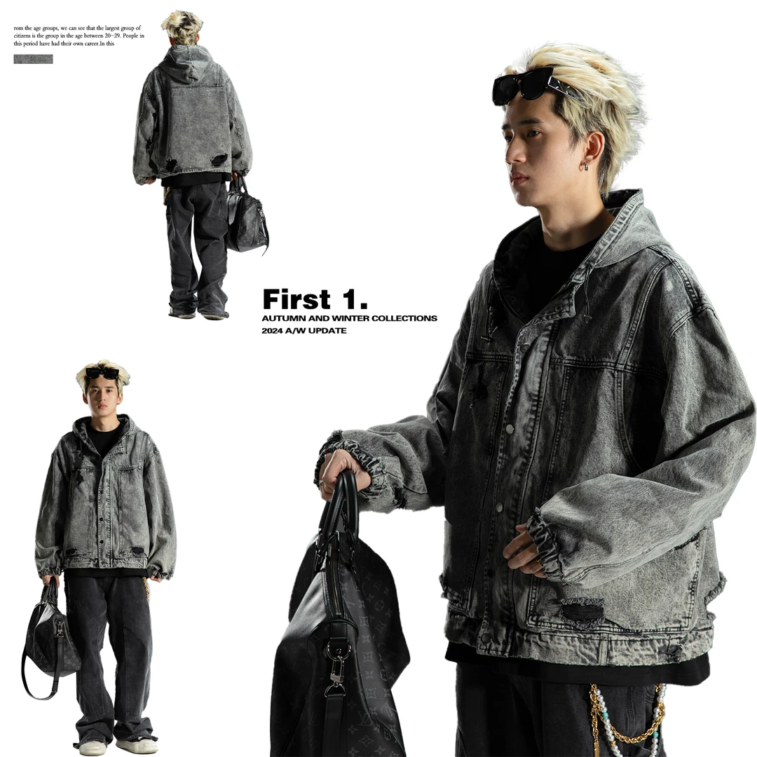 S123美式复古水洗做旧破洞连帽牛仔外套男宽松休闲夹克潮8040