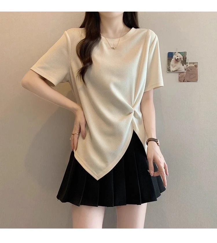 大码杏色正肩t恤短袖女2025新款夏季胖mm不规则遮肚显瘦微胖上衣