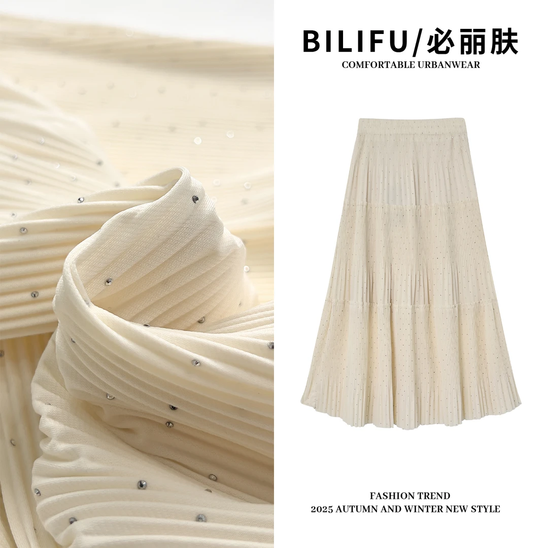 BILIFU/必丽肤早春新款烫钻百褶蛋糕裙休闲时尚百搭半身裙L5805
